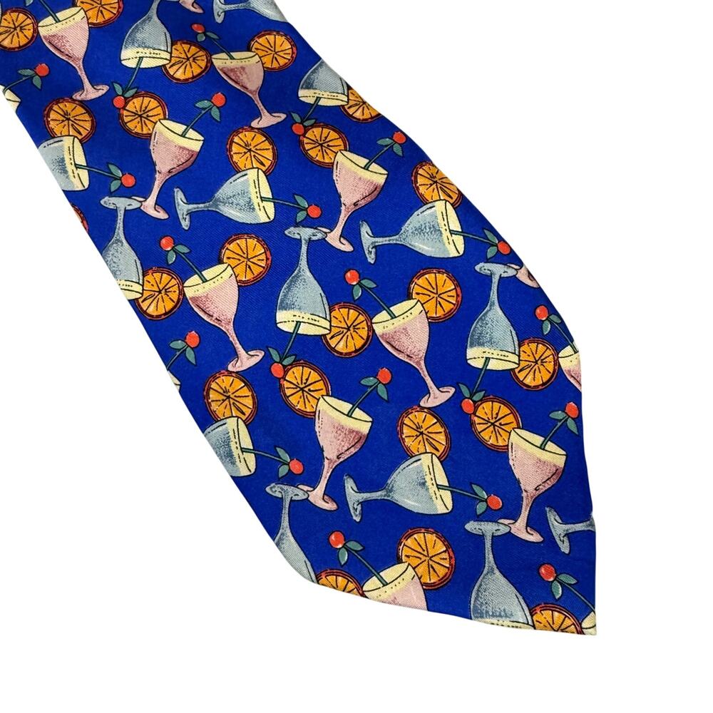 Kenneth Gordon Hand Sewn Silk Blue Tie Cocktails Drinks Margarita Martini Print
